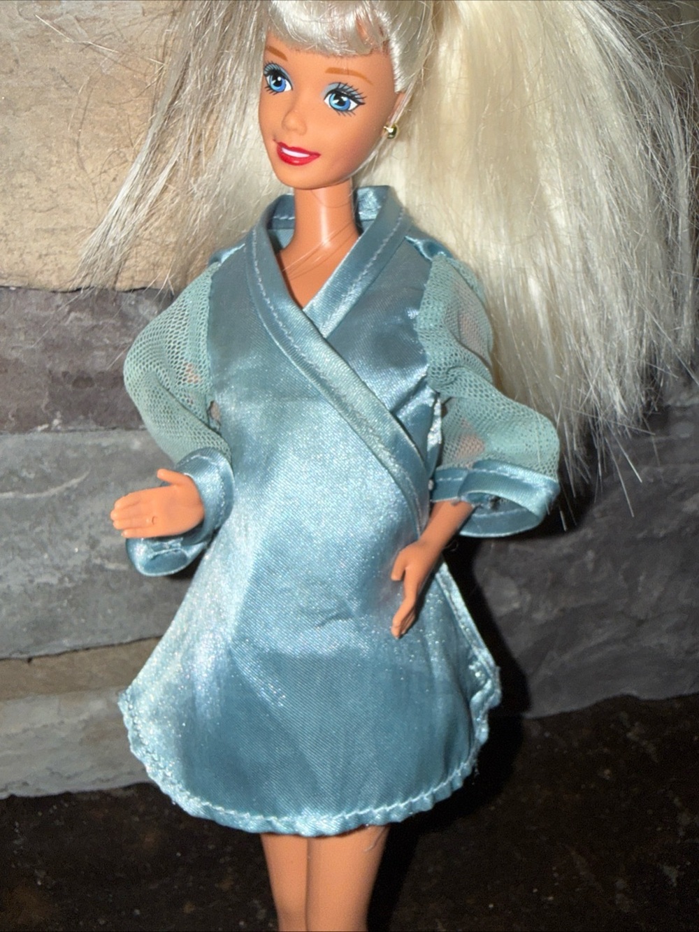 Barbie Vinatge blue silk robe sheer sleeves